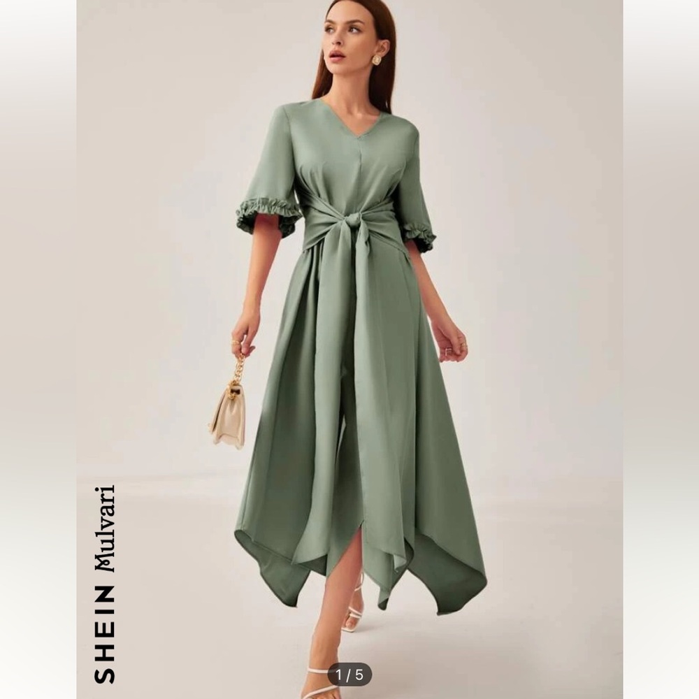 SHEIN Mulvari Frilled Cuff Tie Front Hanky Hem Dress. A-line with a V-Neck.